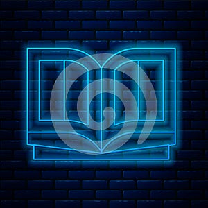 Glowing neon line Holy bible book icon isolated on brick wall background. Vector Illustration