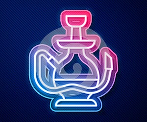 Glowing neon line Hookah icon isolated on blue background. Vector