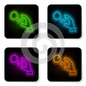 Glowing neon line Hooligan shooting small stones icon isolated on white background. Demonstrator. Black square button