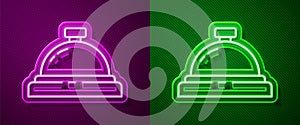 Glowing neon line Hotel service bell icon isolated on purple and green background. Reception bell. Vector