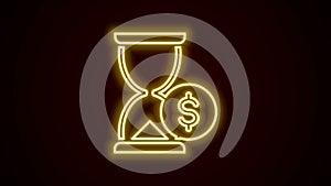 Glowing neon line Hourglass with dollar icon isolated on black background. Money time. Sandglass and money. Growth