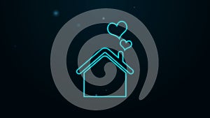 Glowing neon line House with heart shape icon isolated on black background. Love home symbol. Family, real estate and