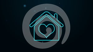 Glowing neon line House with heart shape icon isolated on black background. Love home symbol. Family, real estate and