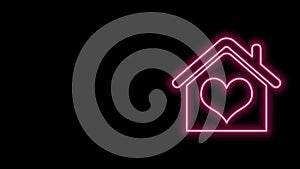 Glowing neon line House with heart shape icon isolated on black background. Love home symbol. Family, real estate and