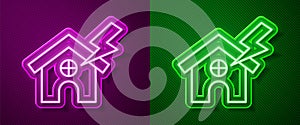 Glowing neon line House and lightning icon isolated on purple and green background. House with thunderbolt for house or