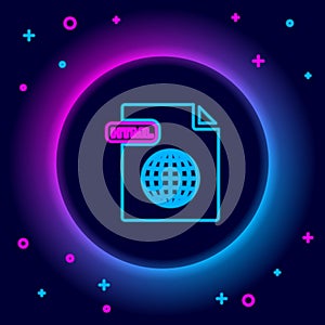 Glowing neon line HTML file document. Download html button icon isolated on black background. HTML file symbol. Markup