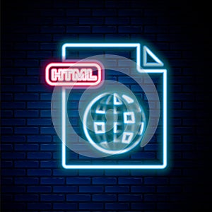 Glowing neon line HTML file document. Download html button icon isolated on brick wall background. HTML file symbol