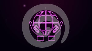 Glowing neon line Human hands holding Earth globe icon isolated on purple background. Save earth concept. 4K Video