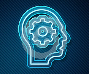 Glowing neon line Human head with gear inside icon isolated on blue background. Artificial intelligence. Thinking brain