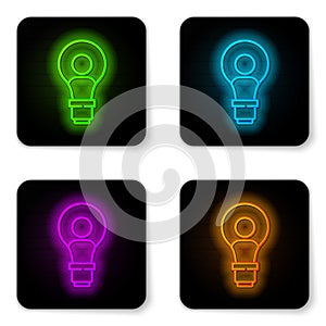 Glowing neon line Human head with lamp bulb icon isolated on white background. Black square button. Vector