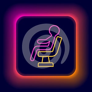 Glowing neon line Human waiting in airport terminal icon isolated on black background. Colorful outline concept. Vector