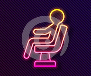 Glowing neon line Human waiting in airport terminal icon isolated on black background. Vector