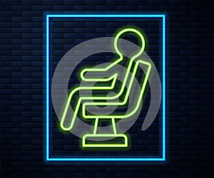 Glowing neon line Human waiting in airport terminal icon isolated on brick wall background. Vector