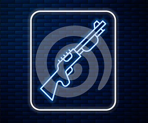 Glowing neon line Hunting gun icon isolated on brick wall background. Hunting shotgun. Vector