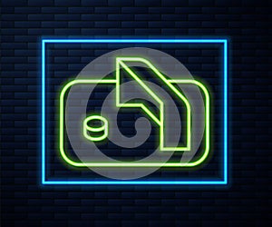 Glowing neon line Ice hockey goal with net for goalkeeper icon isolated on brick wall background. Vector