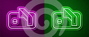 Glowing neon line Ice hockey goal with net for goalkeeper icon isolated on purple and green background. Vector