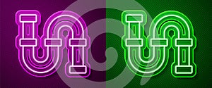 Glowing neon line Industry metallic pipe icon isolated on purple and green background. Plumbing pipeline parts of