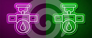 Glowing neon line Industry metallic pipe and valve icon isolated on purple and green background. Vector