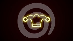 Glowing neon line Jester hat with bells isolated on black background. Clown icon. Amusement park funnyman sign. 4K Video