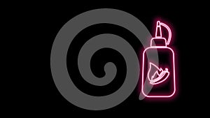 Glowing neon line Ketchup bottle icon isolated on black background. Fire flame icon. Hot chili pepper pod sign. Barbecue