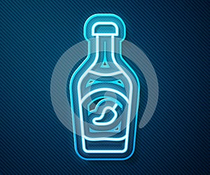 Glowing neon line Ketchup bottle icon isolated on blue background. Hot chili pepper pod sign. Barbecue and BBQ grill