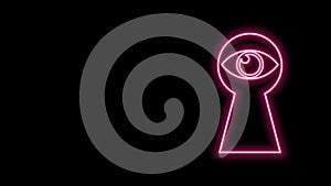 Glowing neon line Keyhole with eye icon isolated on black background. The eye looks into the keyhole. Keyhole eye hole