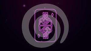 Glowing neon line King playing card with diamonds symbol icon isolated on purple background. Casino gambling. 4K Video