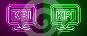 Glowing neon line KPI - Key performance indicator icon isolated on purple and green background. Vector