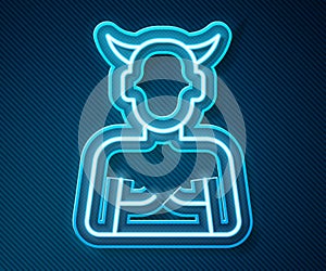 Glowing neon line Krampus, heck icon isolated on blue background. Horned devil. Traditional Christmas devil. Happy