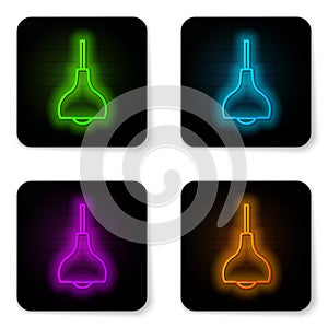 Glowing neon line Lamp hanging icon isolated on white background. Ceiling lamp light bulb. Black square button. Vector