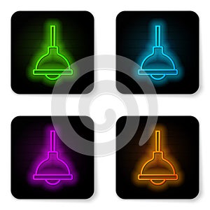 Glowing neon line Lamp hanging icon isolated on white background. Ceiling lamp light bulb. Black square button. Vector