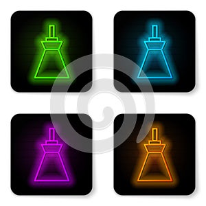Glowing neon line Lamp hanging icon isolated on white background. Ceiling lamp light bulb. Black square button. Vector