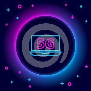 Glowing neon line Laptop with 5G new wireless internet wifi icon isolated on black background. Global network high speed