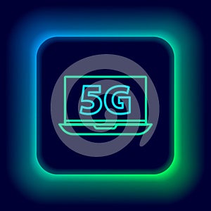 Glowing neon line Laptop with 5G new wireless internet wifi icon isolated on black background. Global network high speed
