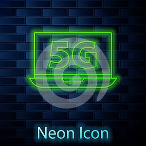 Glowing neon line Laptop with 5G new wireless internet wifi icon isolated on brick wall background. Global network high