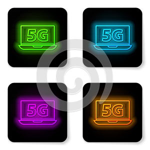 Glowing neon line Laptop with 5G new wireless internet wifi icon isolated on white background. Global network high speed