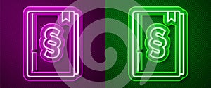 Glowing neon line Law book icon isolated on purple and green background. Legal judge book. Judgment concept. Vector