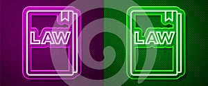 Glowing neon line Law book icon isolated on purple and green background. Legal judge book. Judgment concept. Vector