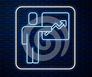 Glowing neon line Leader of a team of executives icon isolated on brick wall background. Vector