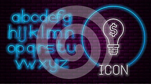 Glowing neon line Light bulb with dollar symbol icon isolated on brick wall background. Money making ideas. Fintech