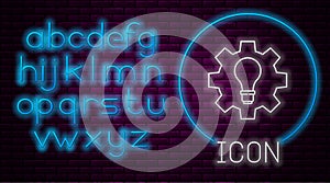 Glowing neon line Light bulb and gear icon isolated on brick wall background. Innovation concept. Business idea. Neon