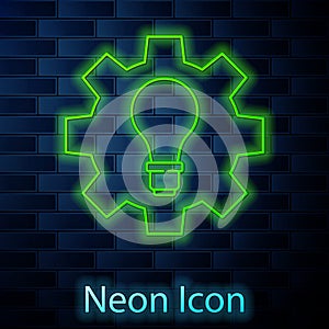 Glowing neon line Light bulb and gear icon isolated on brick wall background. Innovation concept. Business idea. Vector