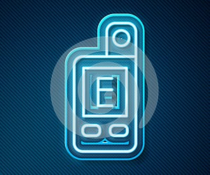 Glowing neon line Light meter icon isolated on blue background. Hand luxmeter. Exposure meter - a device for measuring