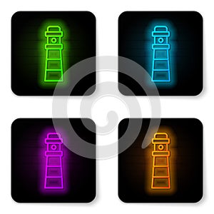 Glowing neon line Lighthouse icon isolated on white background. Black square button. Vector