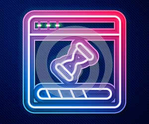 Glowing neon line Loading a data window with a progress bar icon isolated on blue background. Vector