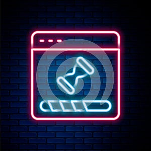 Glowing neon line Loading a data window with a progress bar icon isolated on brick wall background. Colorful outline