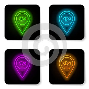 Glowing neon line Location fishing icon isolated on white background. Fishing place. Black square button. Vector
