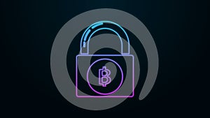 Glowing neon line Lock with bitcoin icon isolated on black background. Cryptocurrency mining, blockchain technology