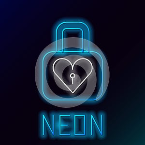 Glowing neon line Lock and heart icon isolated on black background. Locked Heart. Love symbol and keyhole sign