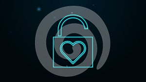 Glowing neon line Lock and heart icon isolated on black background. Locked Heart. Love symbol and keyhole sign